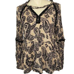 KNOX ROSE Knox Rose Sz Small Paisley Print Keyhole Long Sleeve Boho Top